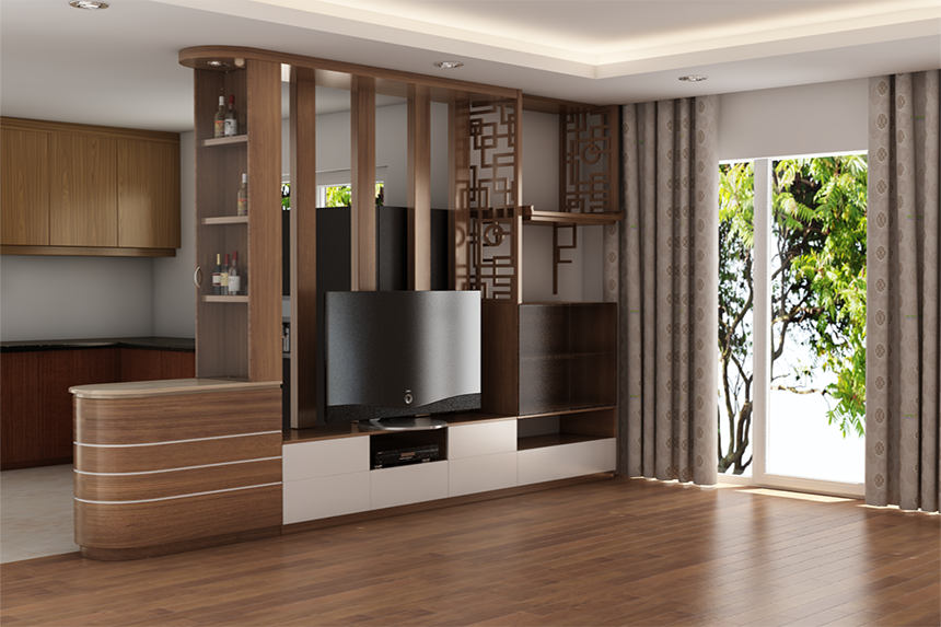 Thiết kế nội thất phòng khách nhà Mr Tùng màu gỗ cổ điển