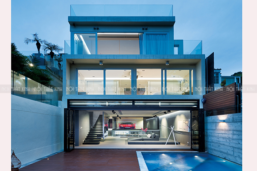 Độc đáo thiết kế nội thất nhà phố với gara ô tô trong nhà