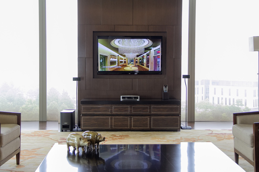 Chiếc tivi 47 inch cùng hệ thống âm thanh hiện đại được đặt ngay cạnh phòng khách