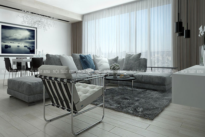 Mẫu thiết kế nội thất phòng khách đẹp màu xám tinh tế