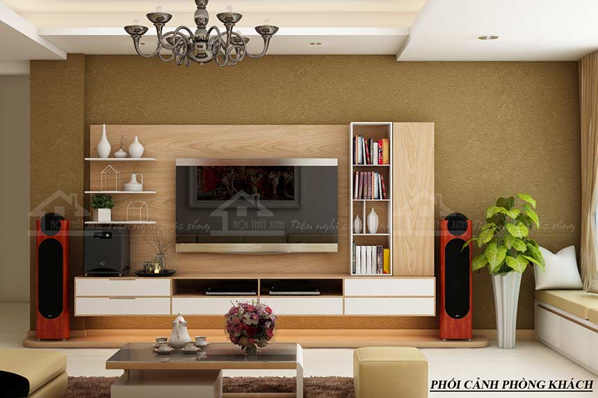 Những món đồ nội thất thông minh như kệ tivi, kệ gỗ trang trí...được tận dụng triệt để
