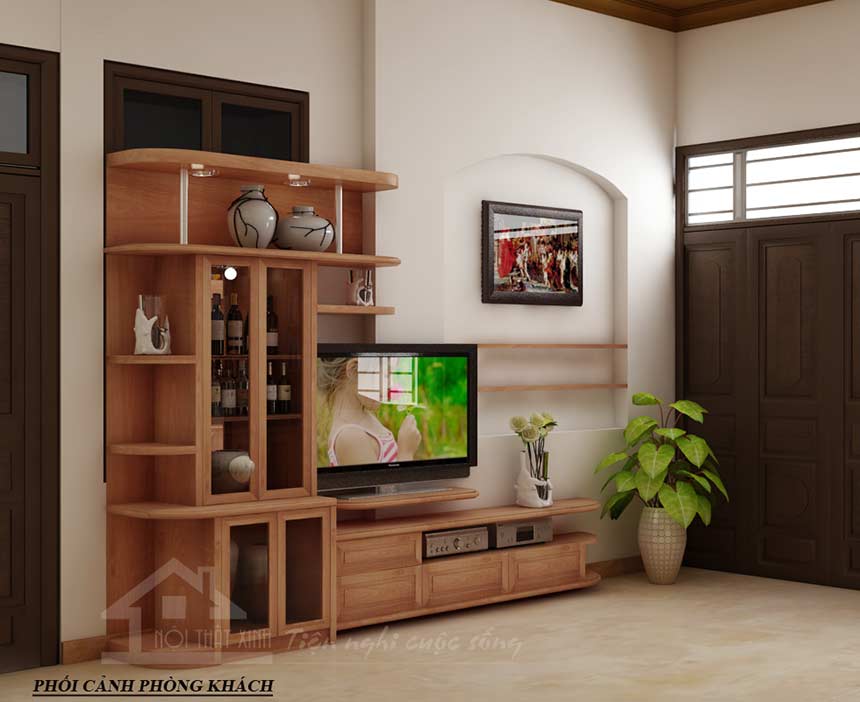 Thiết kế kệ tivi bằng gỗ kết hợp với tủ rượu đa năng