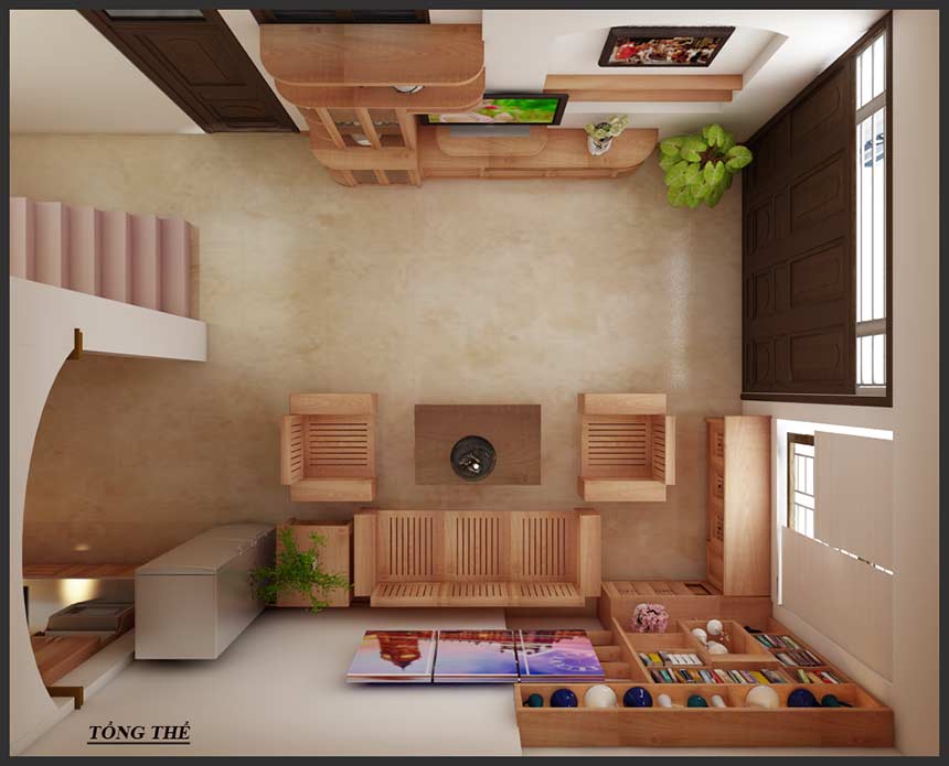 Mặt bằng tổng thể không gian thiết kế nội thất phòng khách nhà chị Trinh