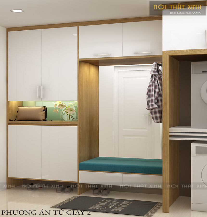 Thiết kế nội thất phòng khách liền bếp nổi bật điểm nhấn với sắc xanh và vàng
