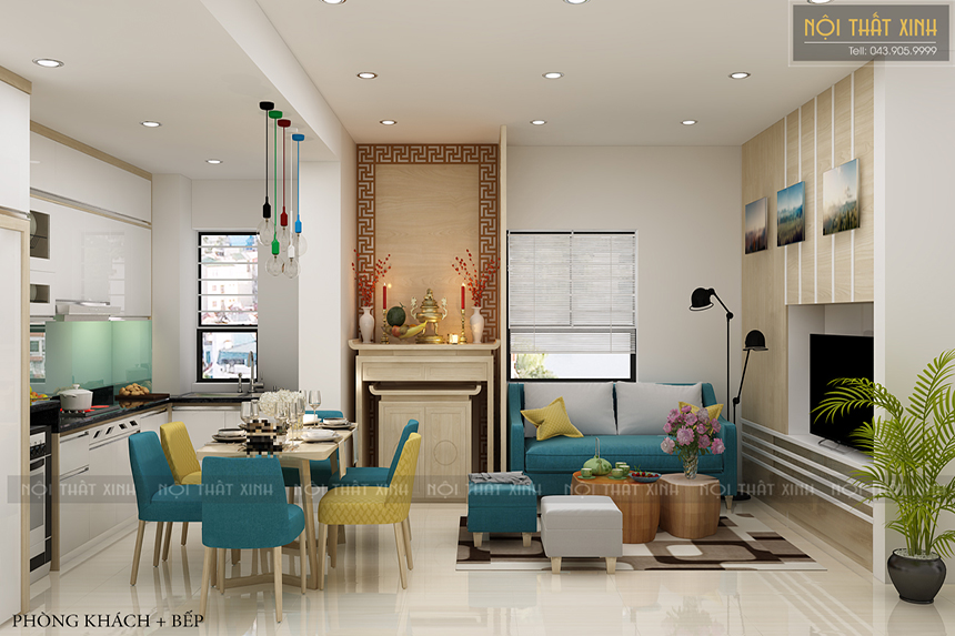 Thiết kế nội thất phòng nổi bật  với sắc xanh và vàng