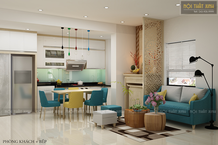 Thiết kế nội thất phòng khách nổi bật với sắc xanh và vàng