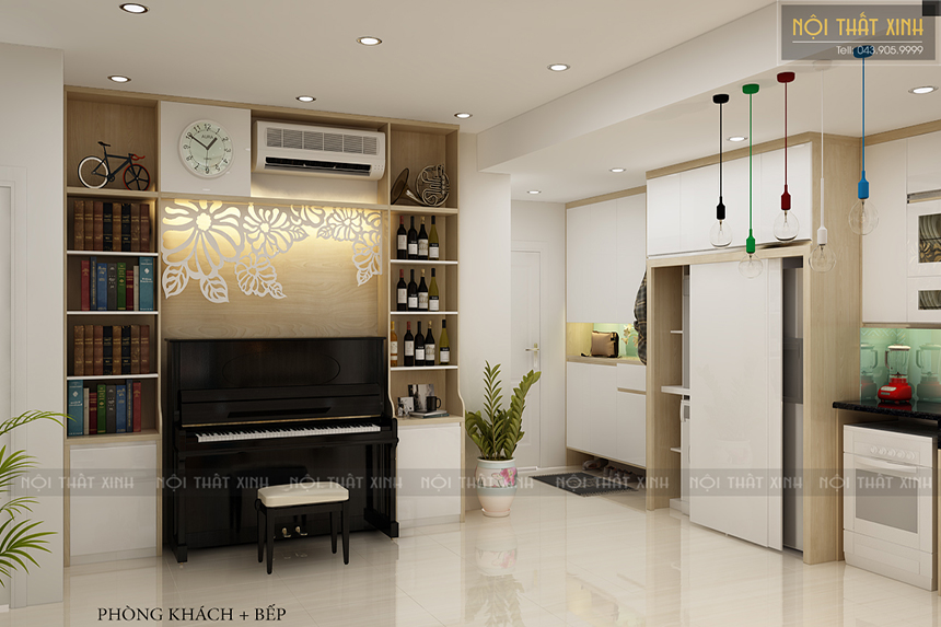 Thiết kế nội thất phòng khách liền bếp nổi bật điểm nhấn với sắc xanh và vàng