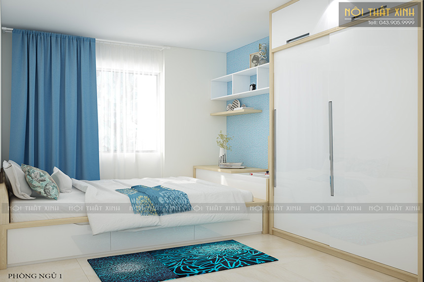 Thiết kế phòng ngủ gam màu trắng nổi bật với sắc xanh ngọc