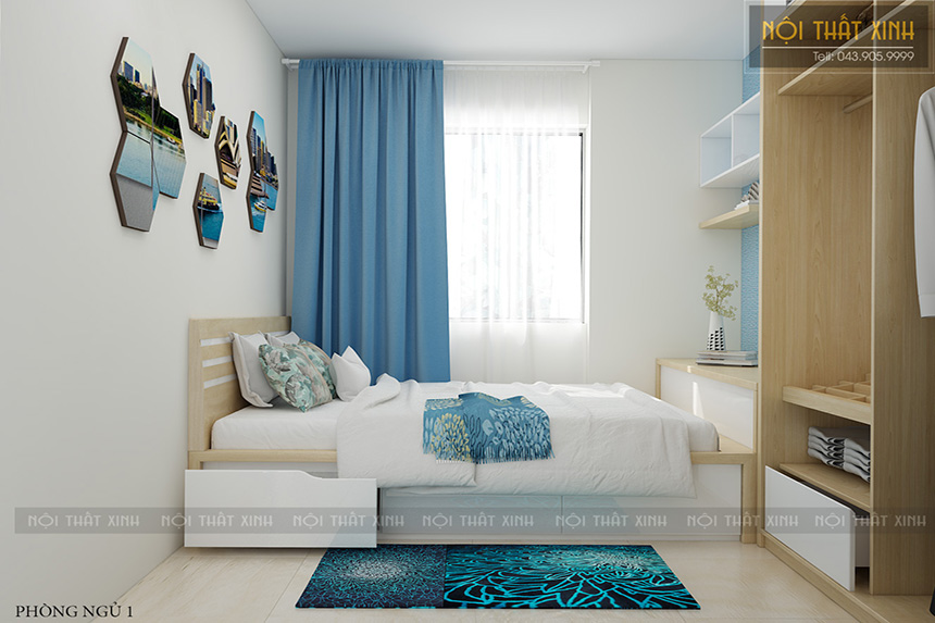 Thiết kế phòng ngủ gam màu trắng nổi bật với sắc xanh ngọc