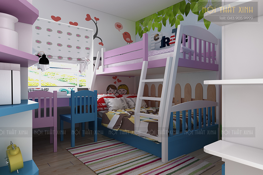Thiết kế nội thất phòng ngủ giường  tầng màu sắc cho trẻ em