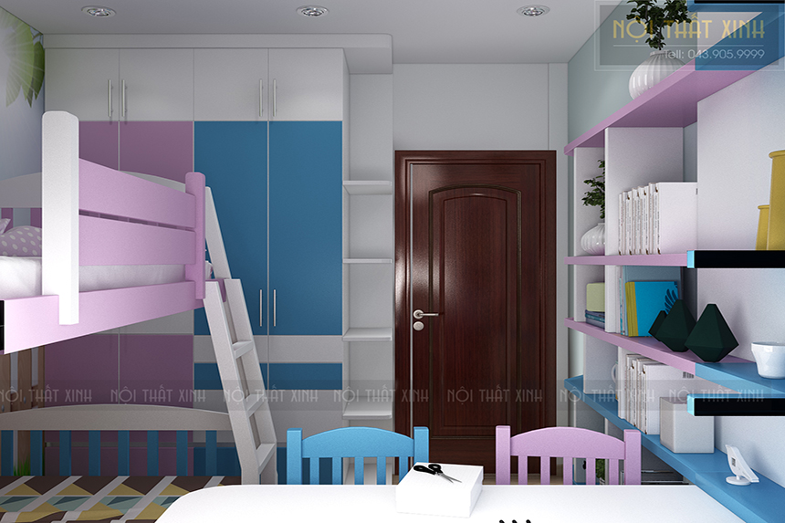 Thiết kế nội thất phòng ngủ giường  tầng màu sắc cho trẻ em