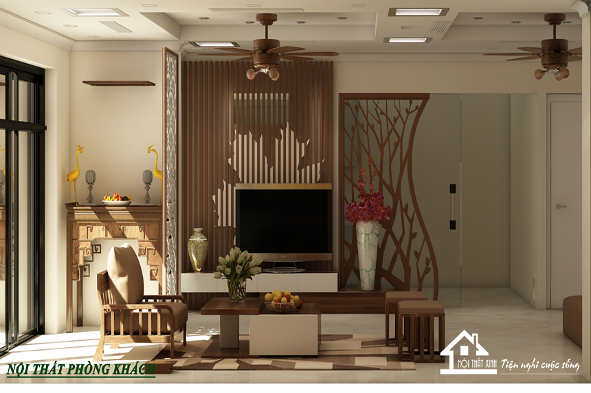 Thiết kế nội thất phòng khách 40m2 nhà Mr Hoàn với nội thất gỗ sang trọng