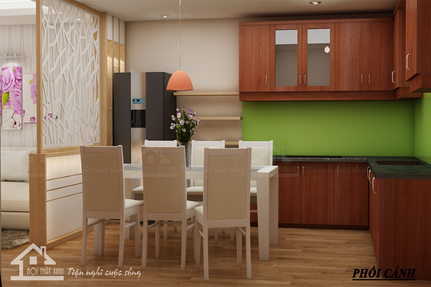 Thiết kế nội thất phòng khách liền bếp nhà Ms Thảo chung cư D2 Giảng Võ