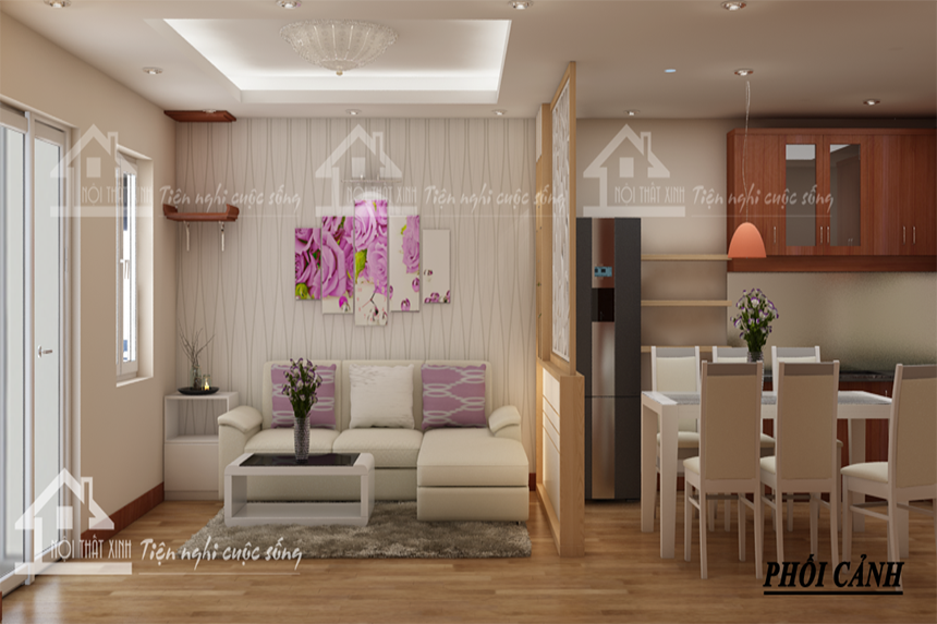 Thiết kế nội thất phòng khách liền bếp nhà Ms Thảo chung cư D2 Giảng Võ