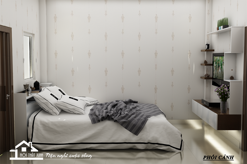 Thiết kế nội thất phòng ngủ 12m2 nhà Mr Mạnh với giấy dán tường đẹp