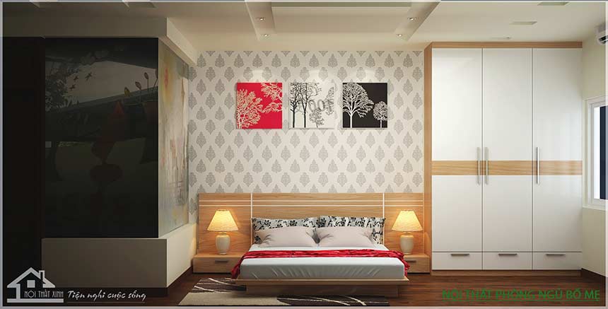 Chiếc giường ngủ tăng thêm điểm nhấn nhờ thiết kế tab trên có tranh treo tường, đèn ngủ sang trọng