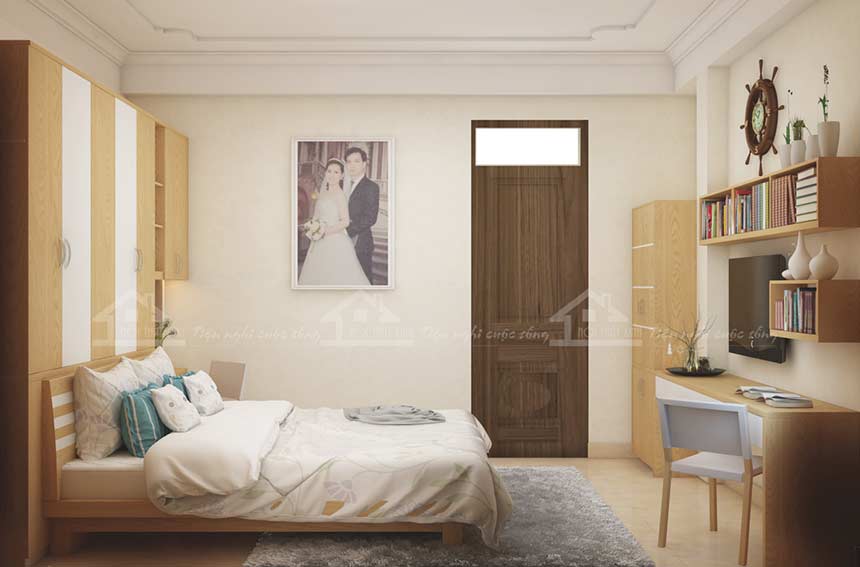 Phòng ngủ thiết kế nối liền với phòng khách, các đồ nội thất được sắp xếp rất gọn gàng