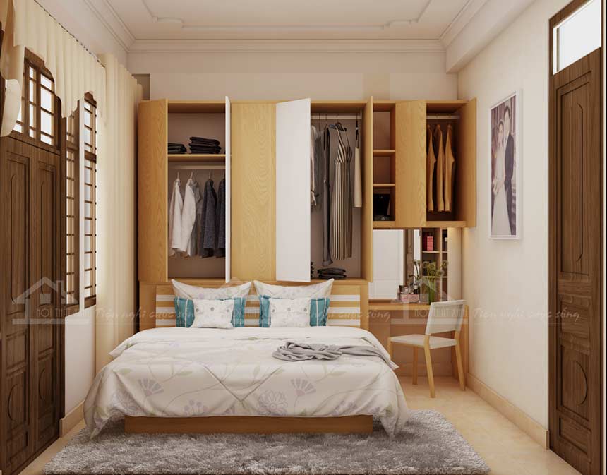 Tủ quần áo thiết kế dạng đứng tiết kiệm diện tích được đặt ngay ở đầu giường
