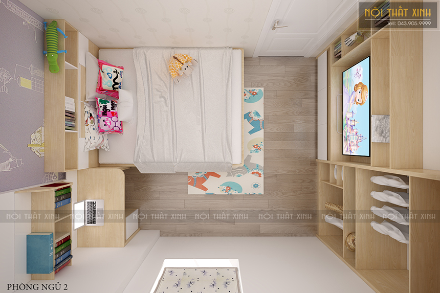 Thiết kế phòng ngủ con gái với nội thất gỗ kết hợp giấy dán tường mới lại