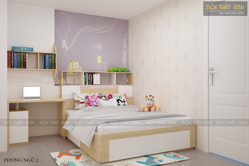 Thiết kế phòng ngủ con gái với nội thất gỗ kết hợp giấy dán tường mới lại