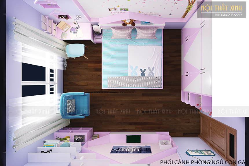 Thiết kế phòng ngủ con gái kết hợp sắc tím và xanh mới lạ