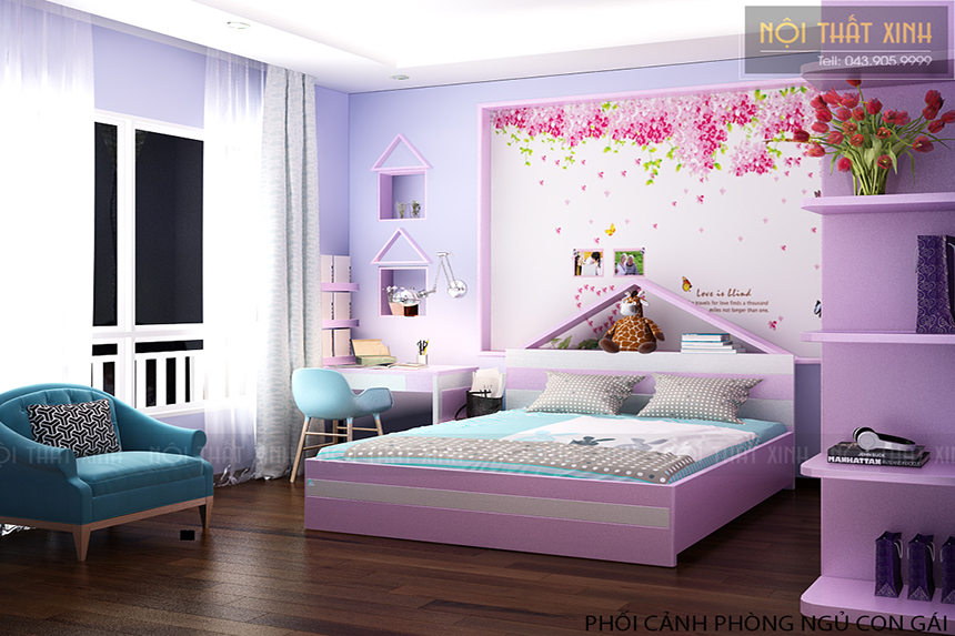 Thiết kế phòng ngủ con gái kết hợp sắc tím và xanh mới lạ