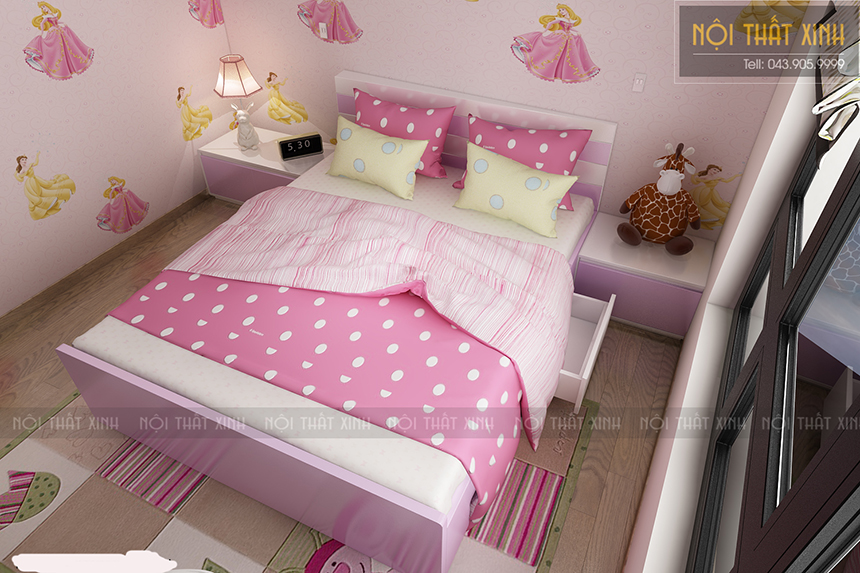 Thiết kế nội thất phòng ngủ sắc hồng cho phòng ngủ bé gái