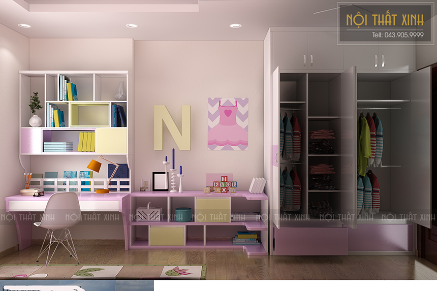 Thiết kế nội thất phòng ngủ sắc hồng cho phòng ngủ bé gái