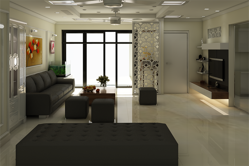 Thiết kế nội thất phòng khách 40m2 Royal City tone màu sáng
