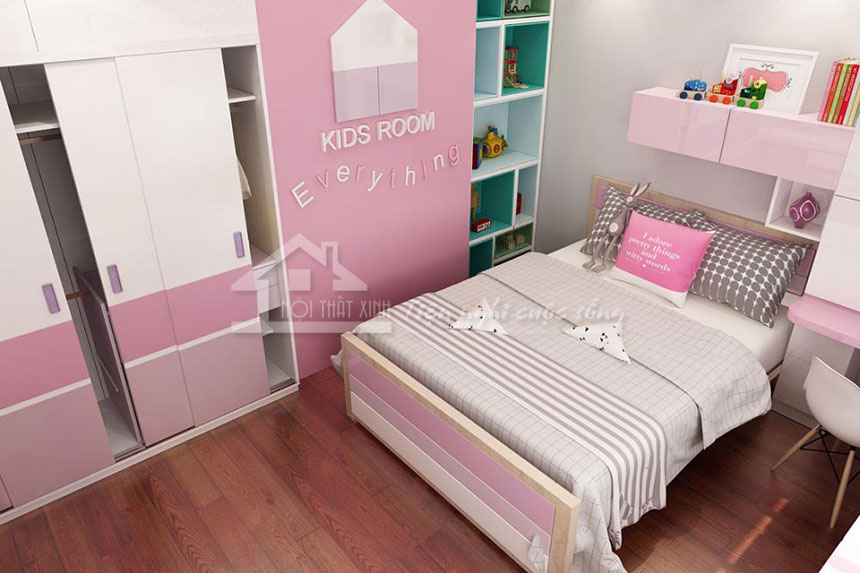 Phòng ngủ dành cho con gái được thiết kế nội thất với gam hồng đáng yêu
