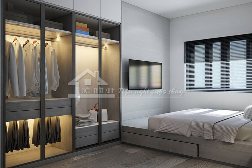Thi công thiết kế mẫu tủ tiết kiệm không gian cho nội thất phòng ngủ.