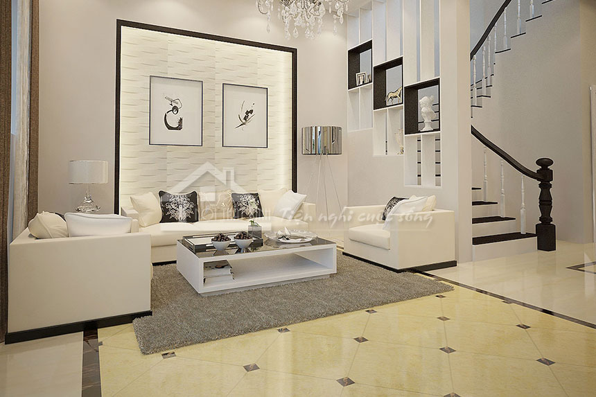 Không gian thiết kế nội thất phòng khách thiết kế với gam màu trắng làm chủ đạo