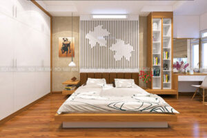 Tổng thể không gian nội thất được thiết kế và thi công nội thất sử dụng hoàn toàn với chất liệu gỗ