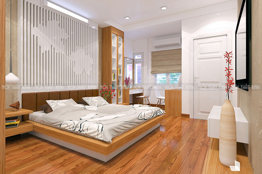 Tổng thể không gian nội thất phòng ngủ được bố trí nội thất gọn gàng, khéo léo