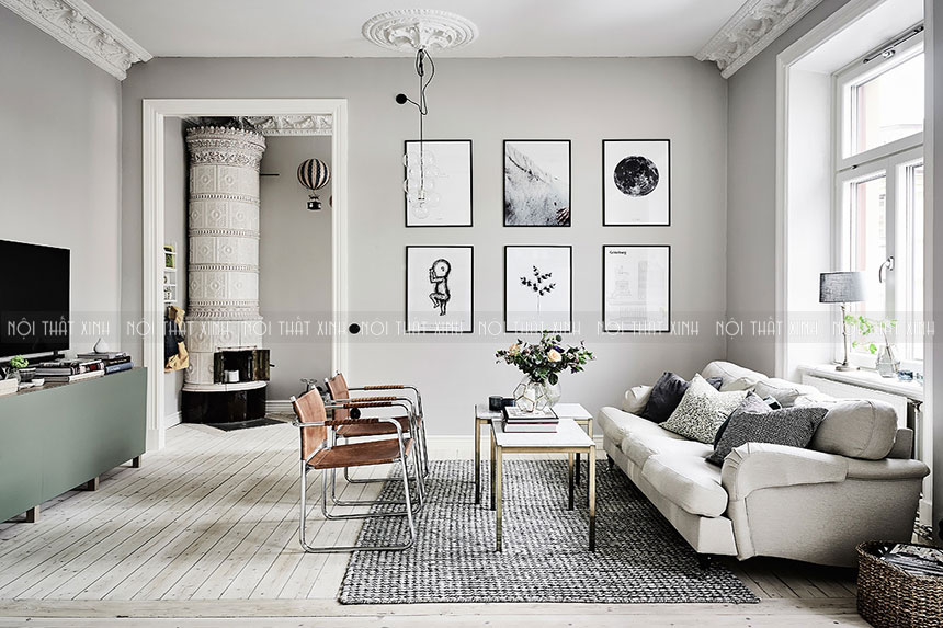 Thiết kế nội thất chung cư đẹp màu trắng sáng, phong cách bán cổ điển