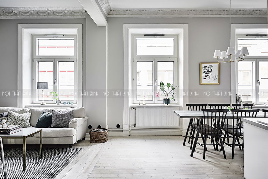 Thiết kế nội thất chung cư đẹp màu trắng sáng, phong cách bán cổ điển