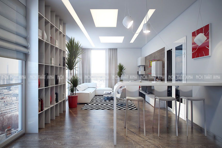 Biến hóa hình học ấn tượng cho thiết kế nội thất phòng khách chung cư