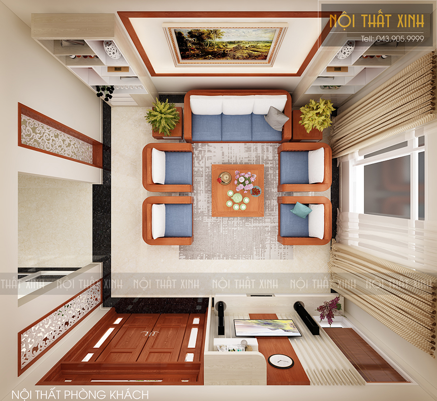 Thiết kế nội thất phòng khách liền bếp mang màu gỗ truyền thống