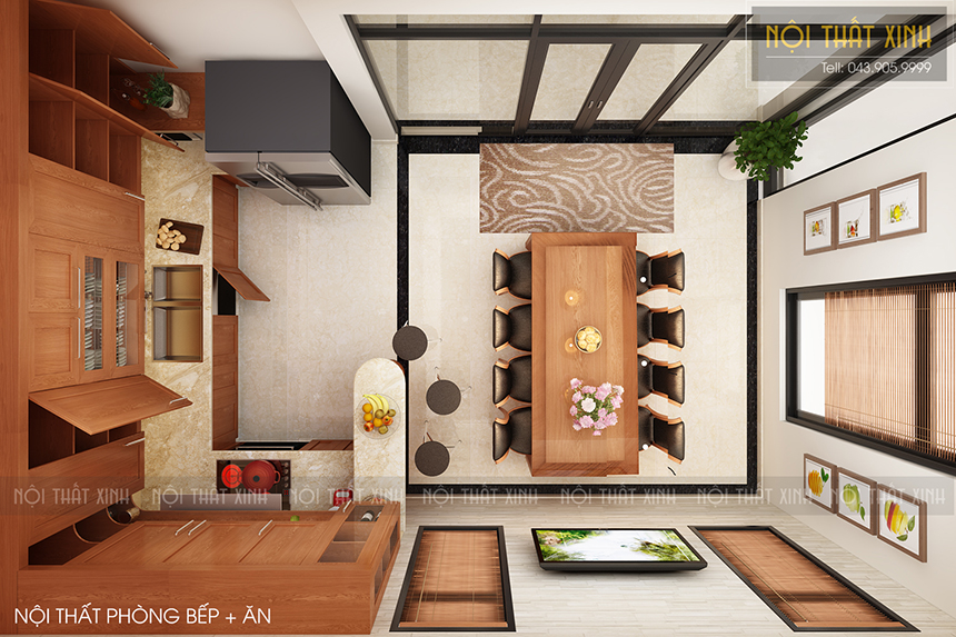 Thiết kế nội thất phòng khách liền bếp mang màu gỗ truyền thống