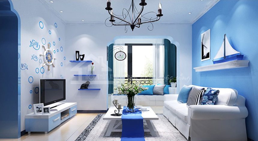 Màu trắng và xanh trong thiết kế phòng khách