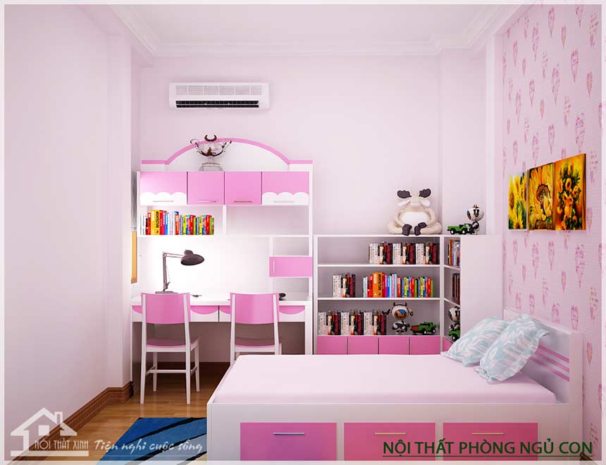 Thiết kế nội thất phòng ngủ 26m2 cho bé gái nổi bật sắc hồng
