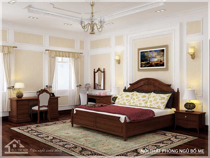 Thiết kế nội thất phòng ngủ đẹp 34m2, phong cách cổ điển