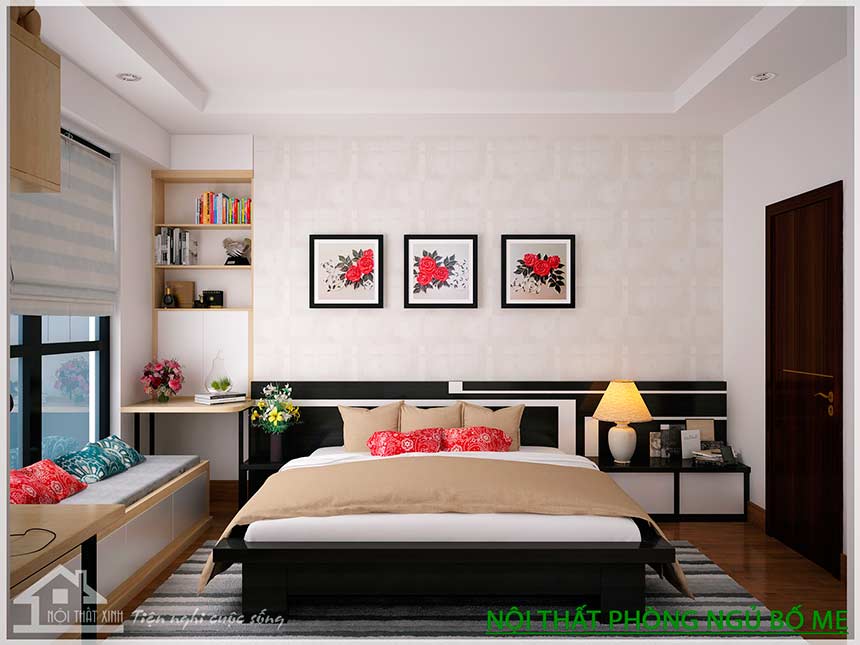 Chiếc giường ngủ được thiết kế là trung tâm giúp căn phòng cân đối, tiện nghi khi bố trí nội thất