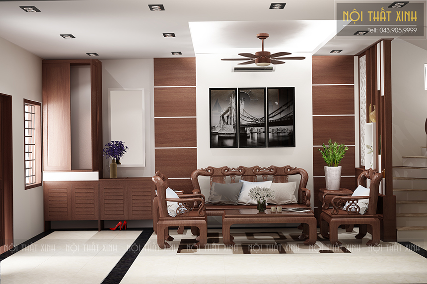 Thiết kế phòng khách nhà phố 40m2 phong cách Á-Đông sang trọng