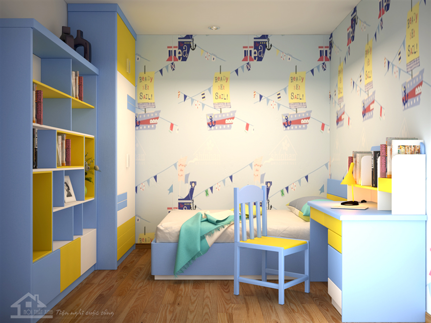Thiết kế nội thất phòng ngủ cho bé trai đẹp, kết hợp màu xanh sáng tạo