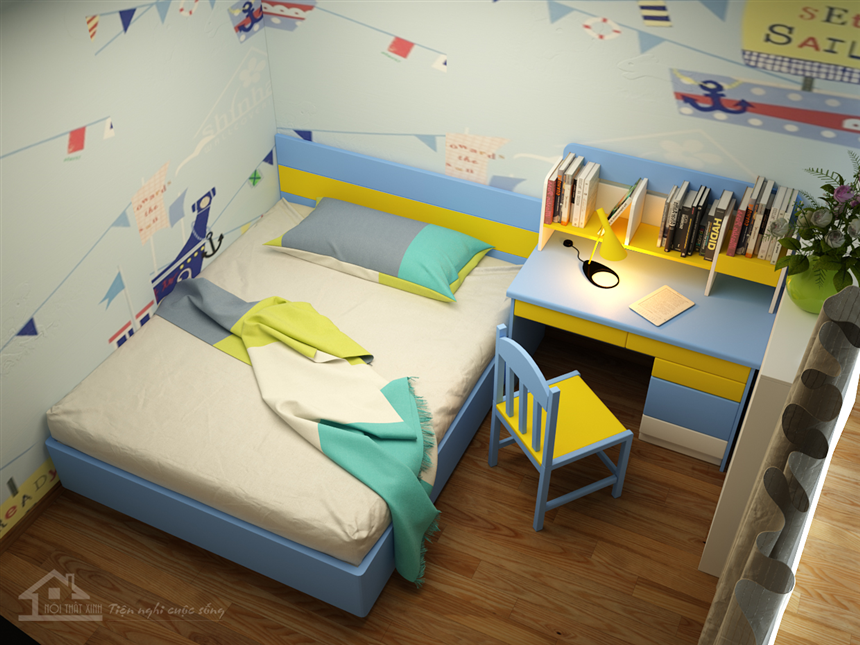 Thiết kế nội thất phòng ngủ cho bé trai đẹp, kết hợp màu xanh sáng tạo