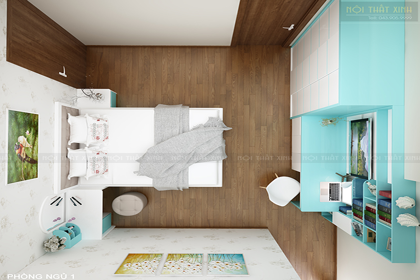 Thiết kế phòng ngủ gam màu xanh ấn tượng